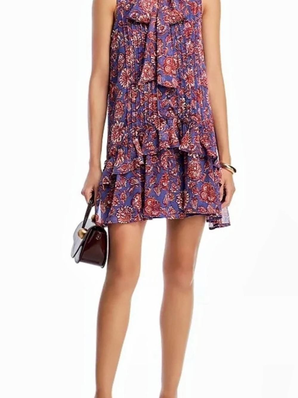 AQUA Printed Tie Neck Ruffle Dress in Blue & Red Like New